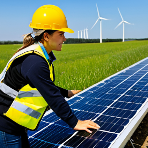 Home 21 **
A professional female engineer, fully clothed in appropriate attire (hard hat, safety vest, modest work clothes), inspecting a solar panel array in a sunny field. Background shows wind turbines. Perfect anatomy, correct proportions, natural pose, well-formed hands, proper finger count, natural body proportions. Safe for work, appropriate content, professional, family-friendly.
**