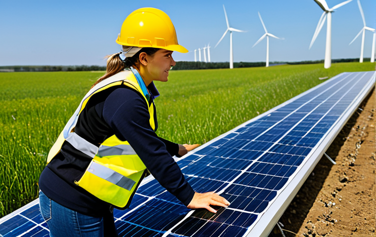 **
A professional female engineer, fully clothed in appropriate attire (hard hat, safety vest, modest work clothes), inspecting a solar panel array in a sunny field. Background shows wind turbines. Perfect anatomy, correct proportions, natural pose, well-formed hands, proper finger count, natural body proportions. Safe for work, appropriate content, professional, family-friendly.
**