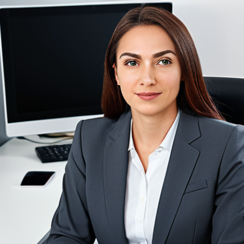 Home 9 A professional businesswoman in a modest business suit, sitting at a desk in a modern office, fully clothed, appropriate attire, safe for work, perfect anatomy, natural proportions, professional photography, high quality.
