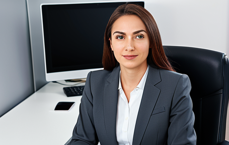 A professional businesswoman in a modest business suit, sitting at a desk in a modern office, fully clothed, appropriate attire, safe for work, perfect anatomy, natural proportions, professional photography, high quality.