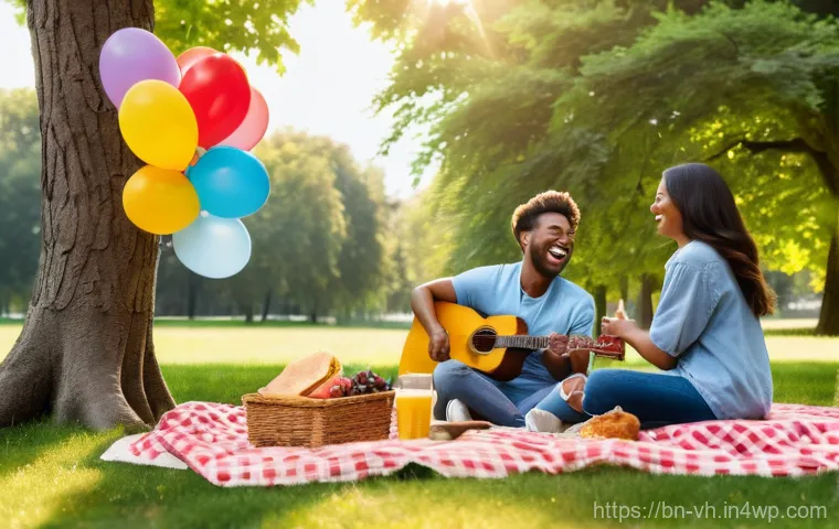 다크패턴을 분석하는 데이터 기반 접근 - A serene outdoor picnic scene featuring a diverse group of friends enjoying a sunny afternoon in a p...