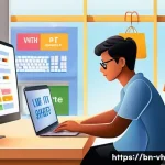 Home 20 다크패턴과 기업의 신뢰성 - A detailed digital illustration depicting a Bengali online shopper sitting at a desk with a laptop o...