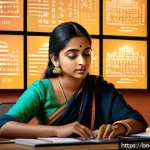 Home 19 다크패턴과 디지털 마케팅 - A detailed digital illustration of a Bengali young adult woman sitting at a desk, surrounded by mult...