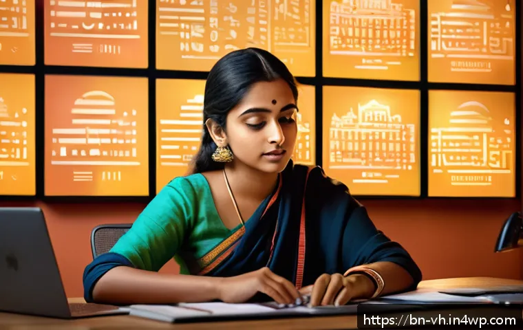 다크패턴과 디지털 마케팅 - A detailed digital illustration of a Bengali young adult woman sitting at a desk, surrounded by mult...